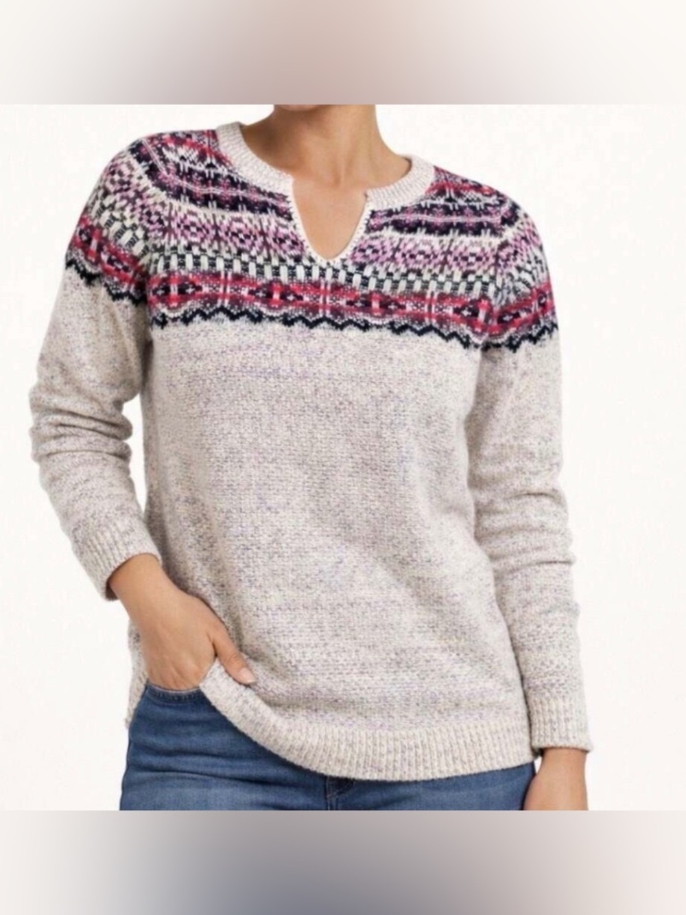J.Jill Fair Isle Split Neck Pullover Women’s Sweater Size Large Petite